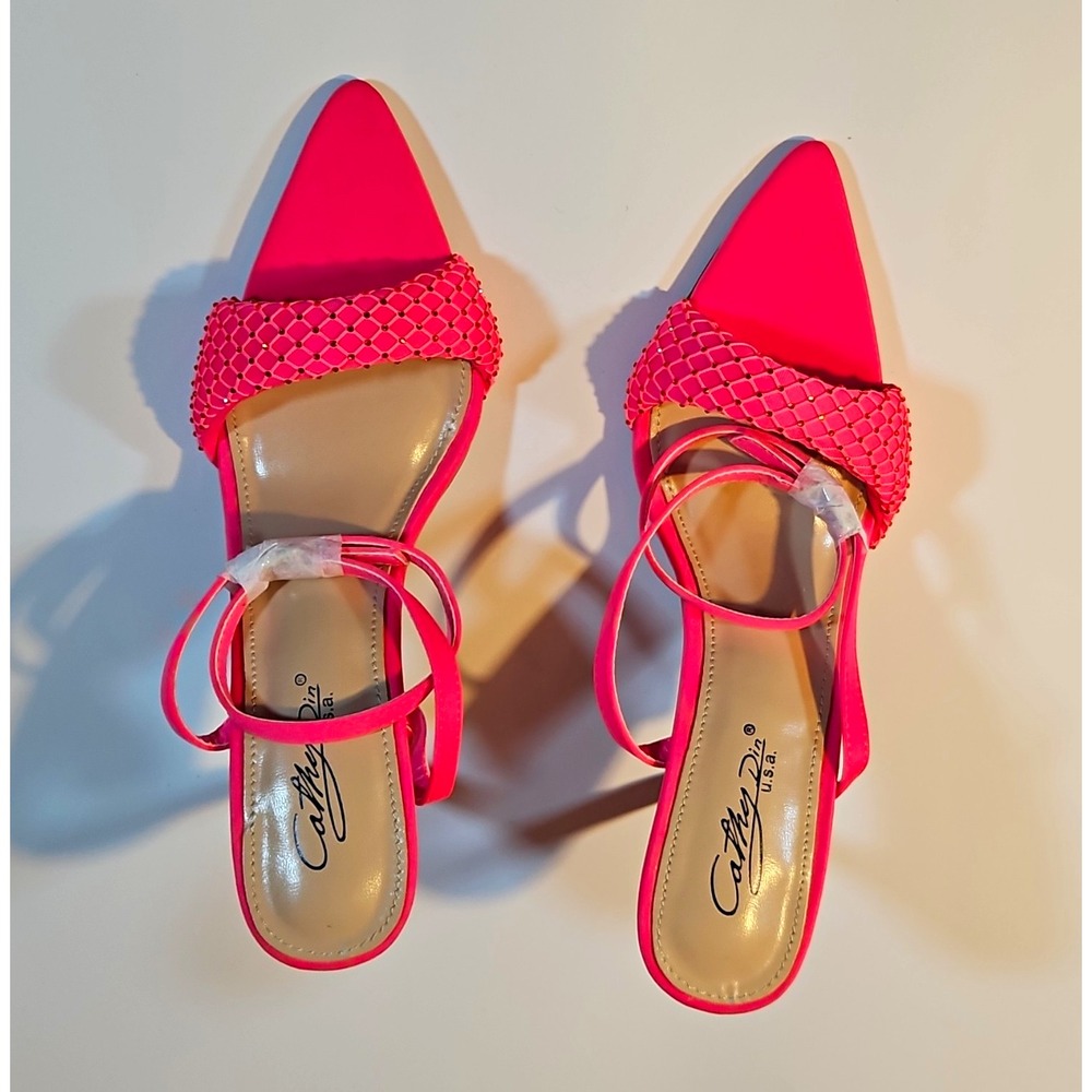 Cathy Din Hot Pink Synthetic Strappy Ankle Strap Pointed Toe Stiletto 9